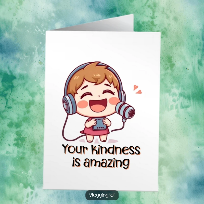 Funny Free Printable Thank You Card of a gleeful character laughing heartily into a recording device, expressing sincere appreciation.