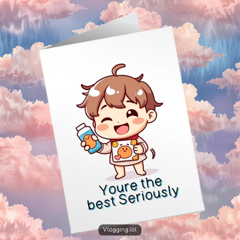 Funny Free Printable Thank You Card: Cheerful Character with a Big Smile Demonstrating a Product, Conveying Thanks