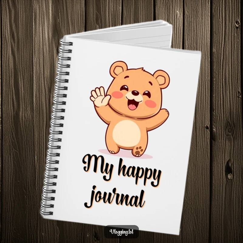 Funny notebook cover with a happy bear enthusiastically waving at an unseen audience, inspiring humorous writing and warm greetings.