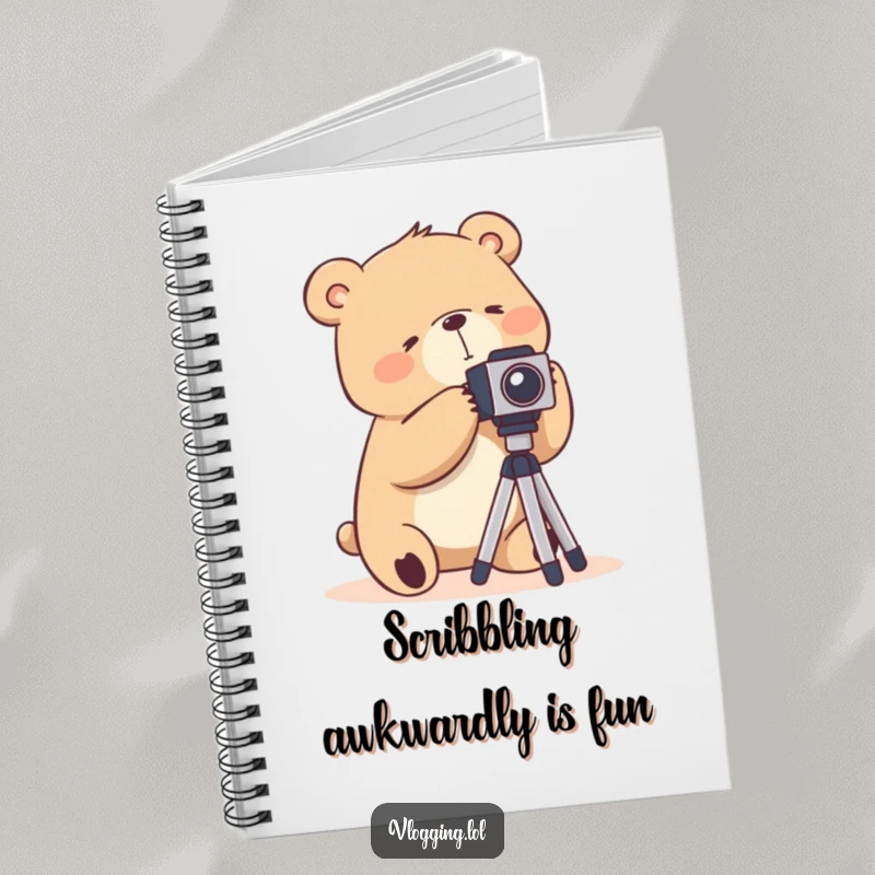 Funny notebook showcasing a silly bear awkwardly handling a camera tripod, for notes and photography plans.