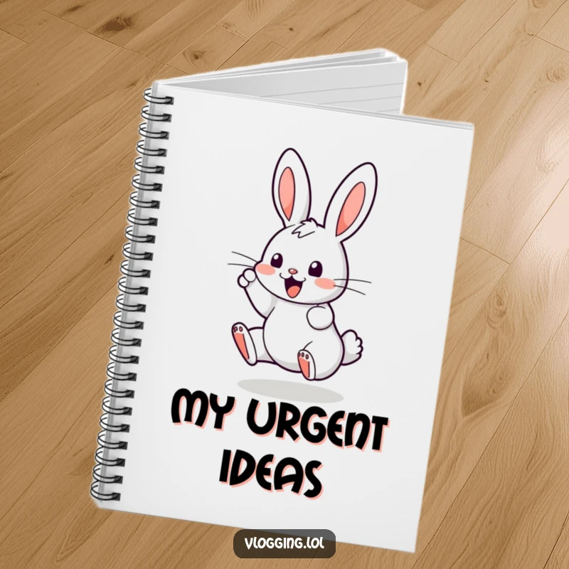 Funny notebook cover with a bouncing bunny enthusiastically tapping on a digital screen, encouraging notes with a humorous, techy theme.