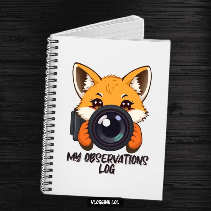 Funny notebook cover with a curious fox peeking into a camera lens, encouraging notes and ideas with a humorous, inquisitive theme.