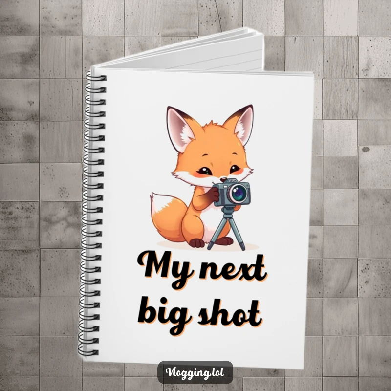 Funny notebook with a cover showing a curious fox playing with a small camera on a tripod, perfect for journaling and ideas.
