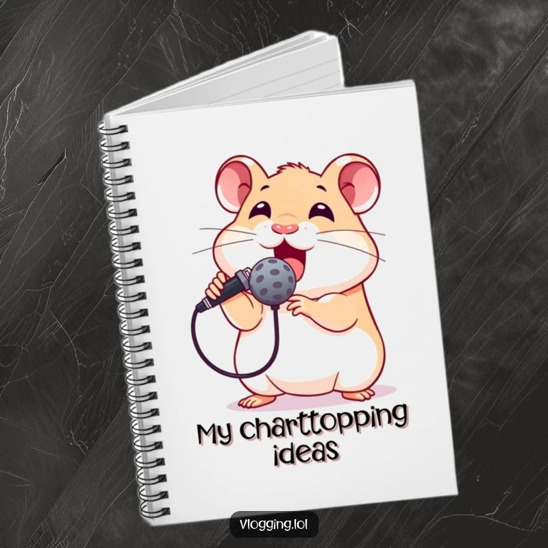 Funny notebook cover with an excited hamster holding a microphone, ready to perform, inspiring humorous writing and creative song ideas.