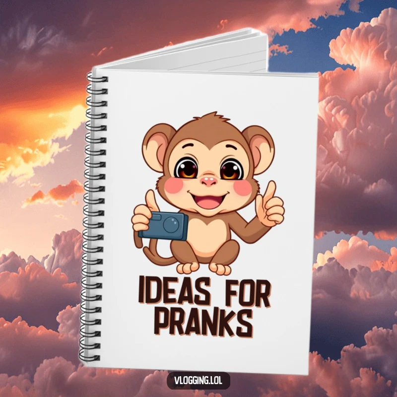 Funny Monkey Selfie Notebook showing a mischievous monkey filming itself with a collection of funny and exaggerated facial expressions.