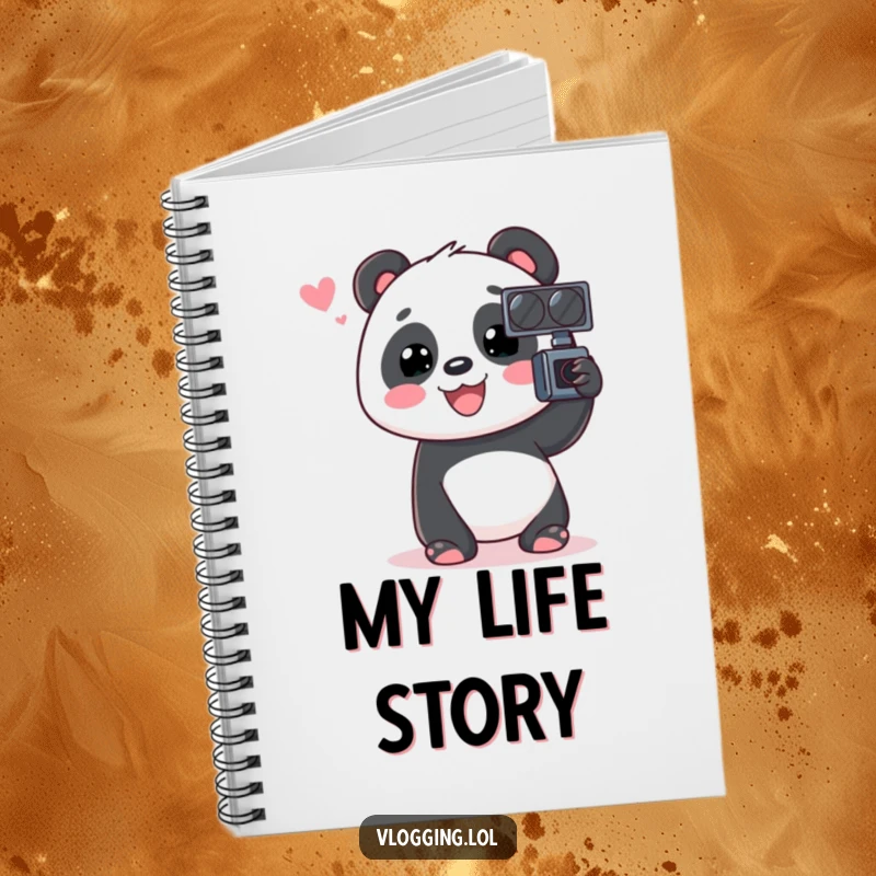 Funny Panda Notebook with a happy panda animatedly talking into a video recorder, perfect for jotting down creative ideas.