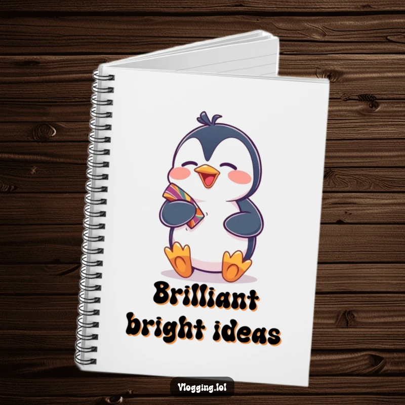 Funny notebook cover with a giggling penguin excitedly showing off a colorful item, inspiring humorous writing and the joy of discovery.