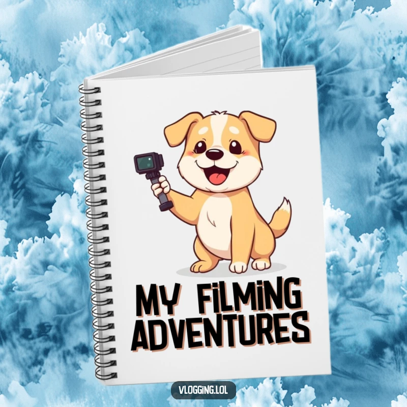 Funny dog notebook with a playful dog wagging its tail enthusiastically while filming, ideal for notes.