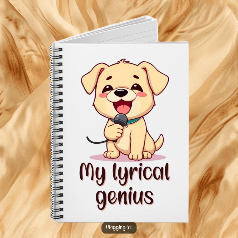 Funny Puppy Singer Notebook showing a delighted puppy holding a microphone and singing loudly, perfect for capturing musical inspiration.