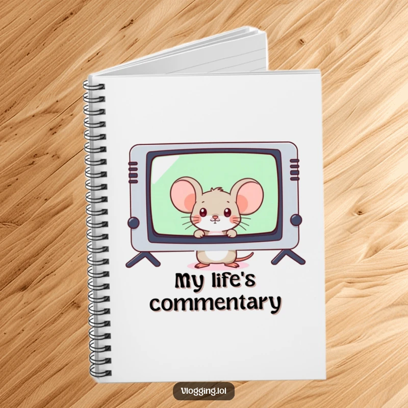 Funny shy mouse peeking from behind a large screen on a notebook, ready for notes and doodles.