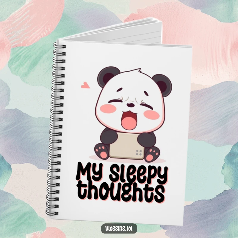 Funny notebook cover with a tired panda yawning widely in front of a digital device, encouraging notes with a humorous, sleepy theme.