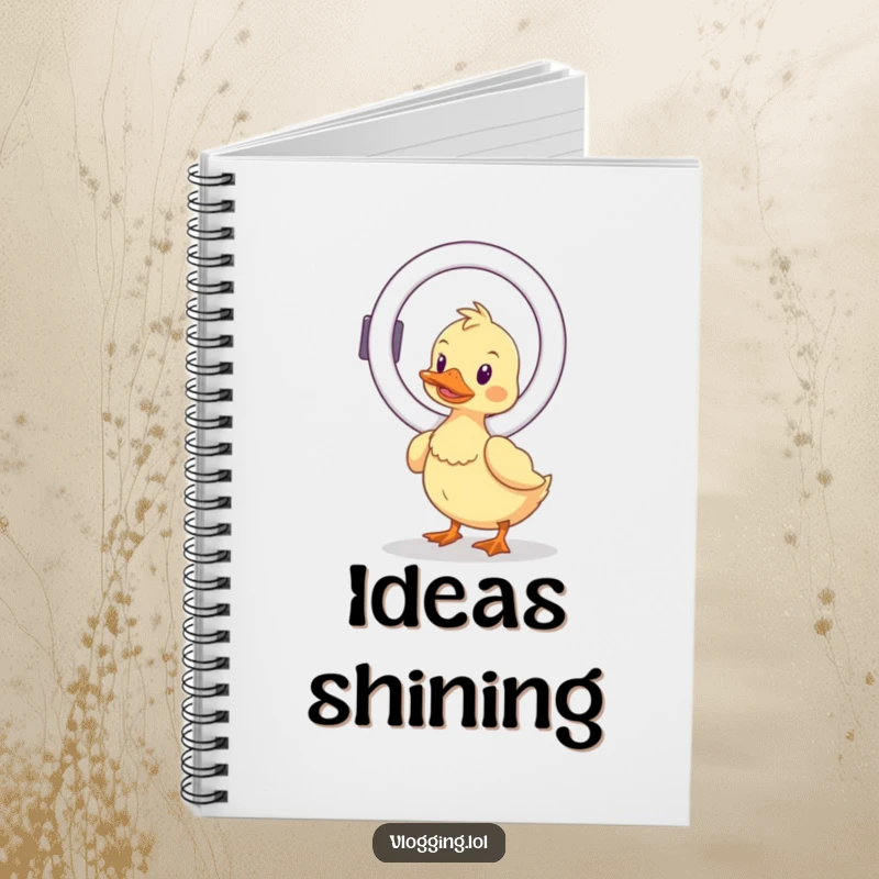 Funny wobbly duck notebook cover, humorously balancing a ring light, a playful and practical item for journaling creative inspiration.