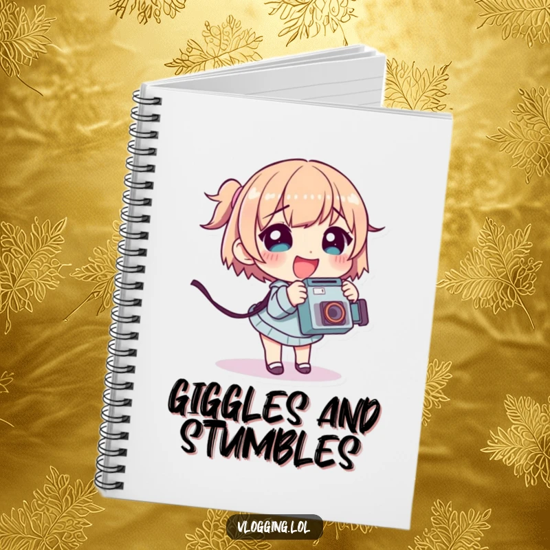 Funny notebook cover featuring a giggling character tripping slightly while holding a camera, inspiring creative thoughts.
