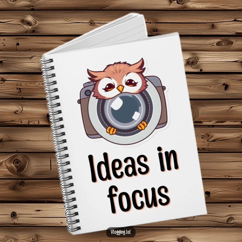 Funny giggling owl notebook cover, peeking from behind a camera lens, a playful and practical item for journaling and creative ideas.