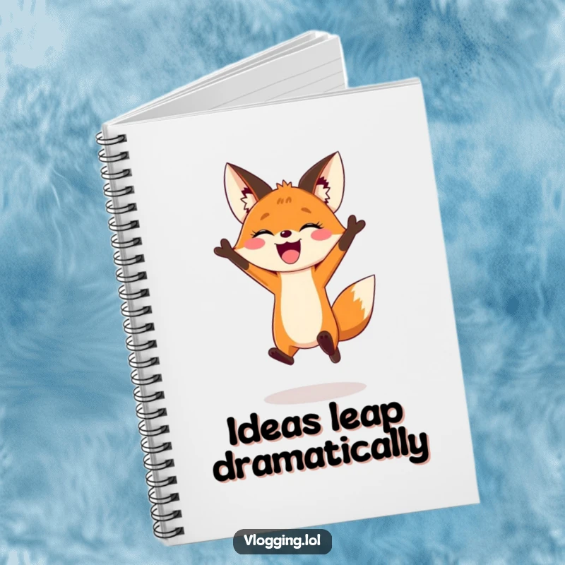 Funny notebook showcasing a joyful fox jumping dramatically for a vlogging intro, for notes and content planning.