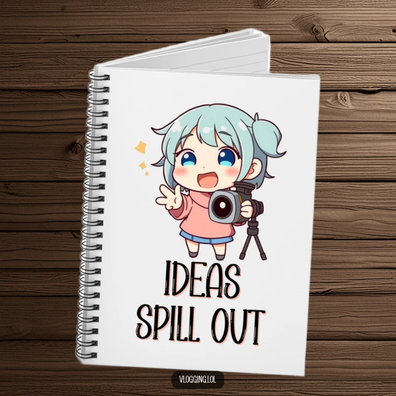 Funny notebook cover featuring a happy character energetically gesturing while speaking intently to a camera.