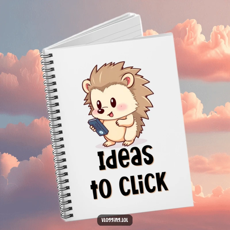 Funny hedgehog notebook cover, intently pressing a button on a small remote, a playful and practical item for journaling and creative ideas.
