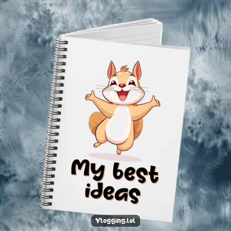 Funny beaming squirrel notebook cover, jumping excitedly while recording, a playful and practical item for journaling creative inspiration.