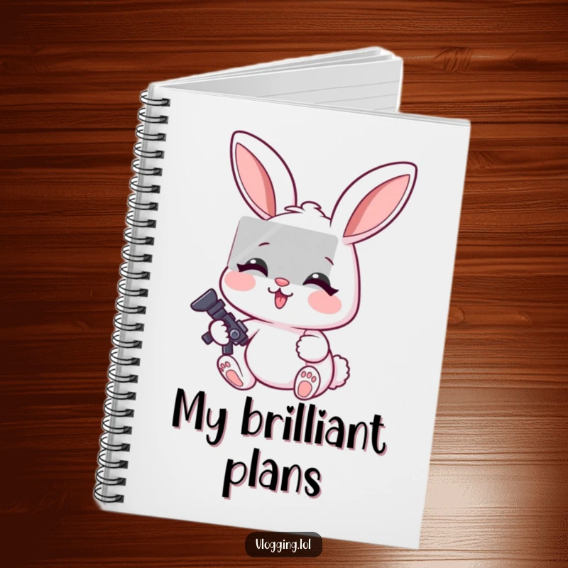 Funny notebook cover featuring a cheerful rabbit looking intensely focused while editing a video.