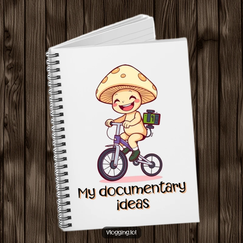 Funny mushroom unicyclist notebook: A smiling mushroom rides a unicycle while holding filming equipment, ready to record. Excellent funny gift.