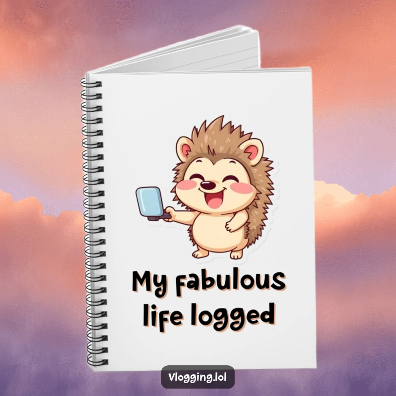 Funny notebook cover with a giggling hedgehog smiling widely while holding a selfie stick, a humorous companion for social media thoughts.