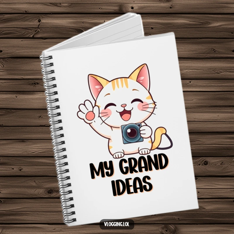 Funny cat gamer notebook, waving enthusiastically at a tiny camera, for jotting notes with feline flair.