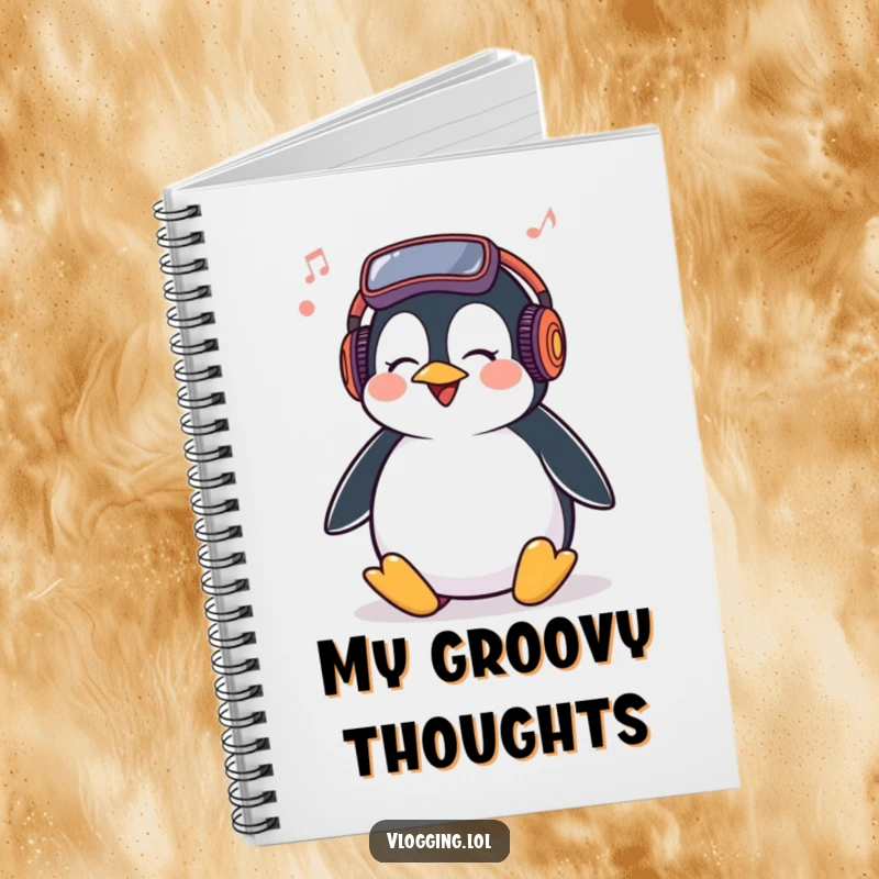 Funny Penguin Notebook with a giggling penguin bopping its head to music, perfect for jotting down creative ideas.