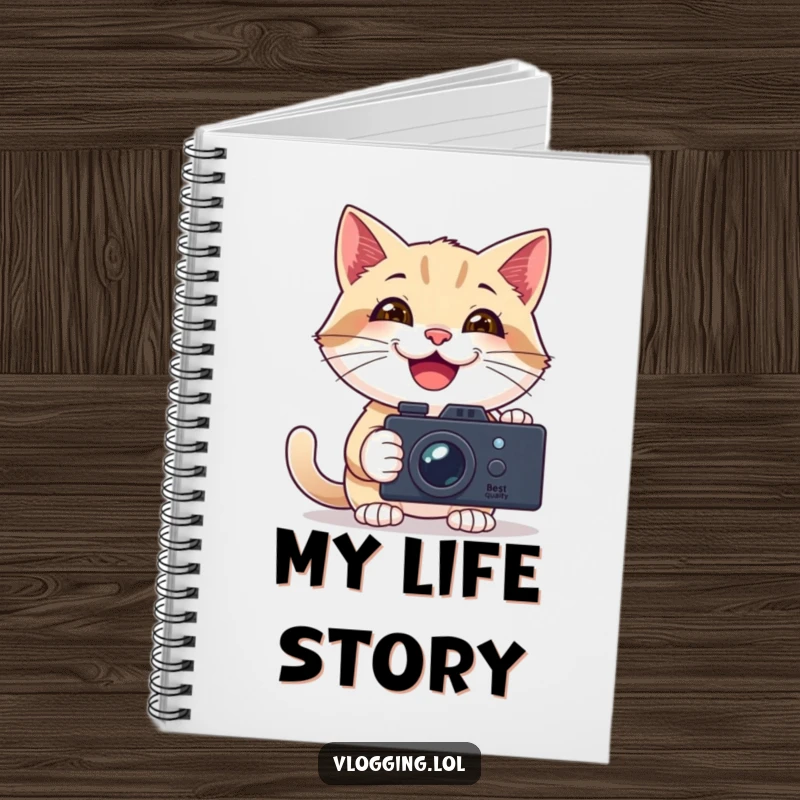 Funny notebook with a cover depicting a happy cat filming itself with a camera, inspiring creative note-taking.