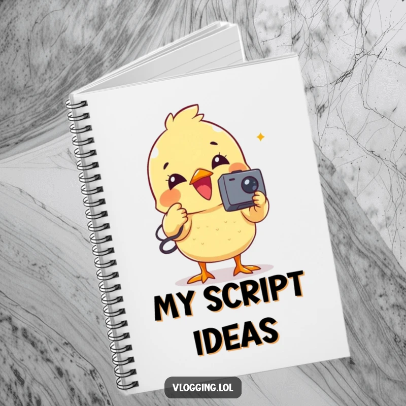 Funny notebook with a delighted chick recording a video, encouraging creative writing.