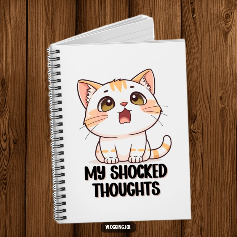 Funny notebook cover with a cat showing a comically surprised expression, inspiring humorous writing and dramatic reactions.
