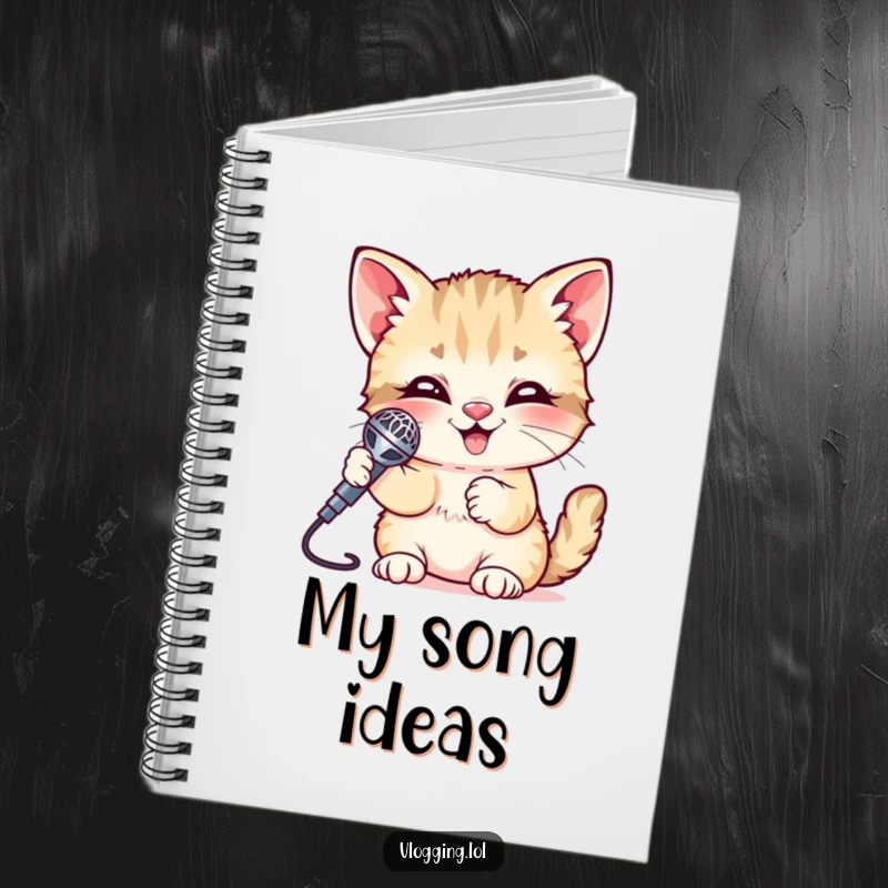 Funny Kitten Notebook with a giggling kitten holding a shiny microphone, perfect for jotting down notes or lyrics. A cute and inspiring stationery item.