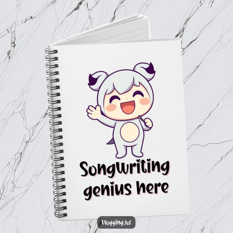 Funny notebook cover featuring a happy character holding a microphone and waving enthusiastically, inspiring lyrics and music.