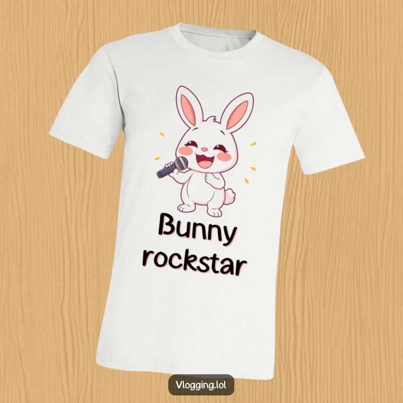 Funny bunny t-shirt depicting a cheerful rabbit holding a microphone with a big smile, ready to sing its heart out.