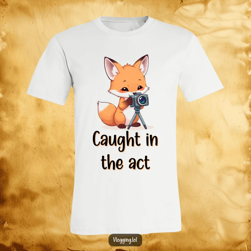 Funny t-shirt featuring a curious fox attempting to use a small camera on a stand, embodying a comedic photography interest.