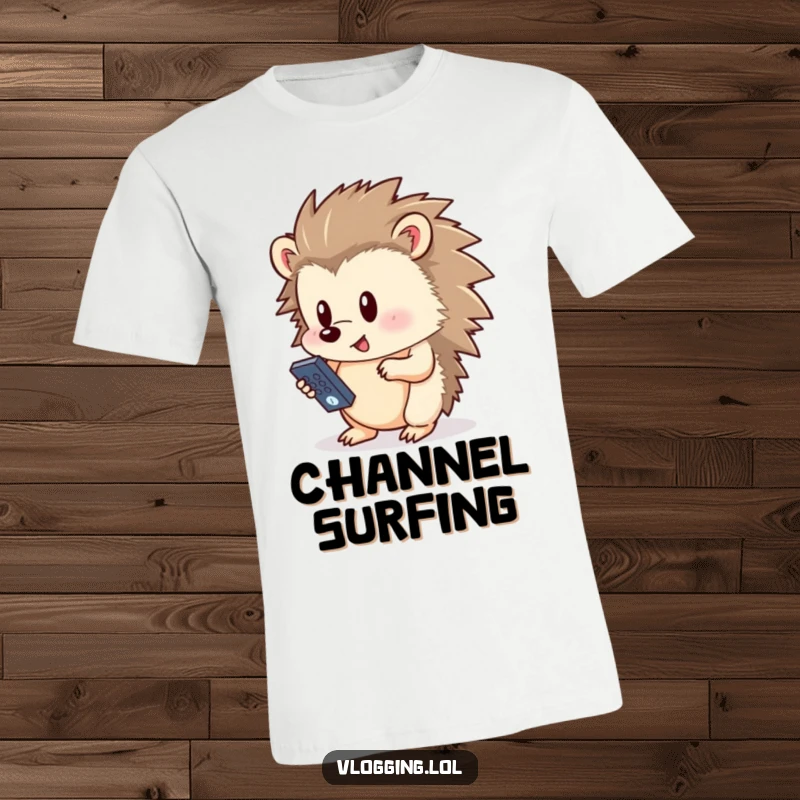 Funny hedgehog t-shirt, intently pressing a button on a small remote, a humorous design for tech lovers and fans of quirky animals.