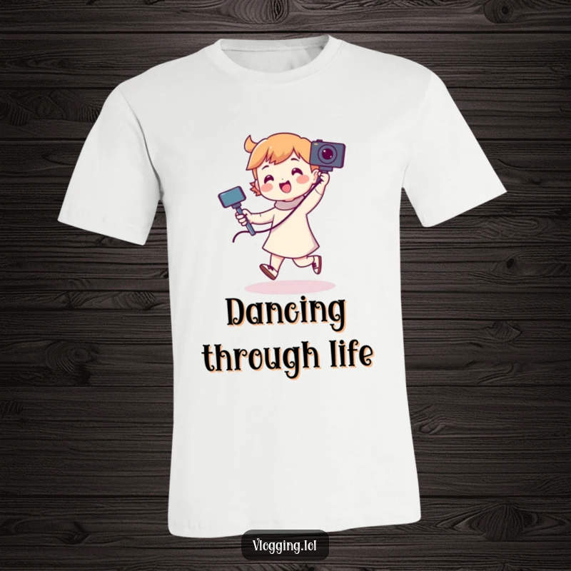 Funny t-shirt depicts a lively character performing a dance routine while expertly wielding a camera on a selfie stick.
