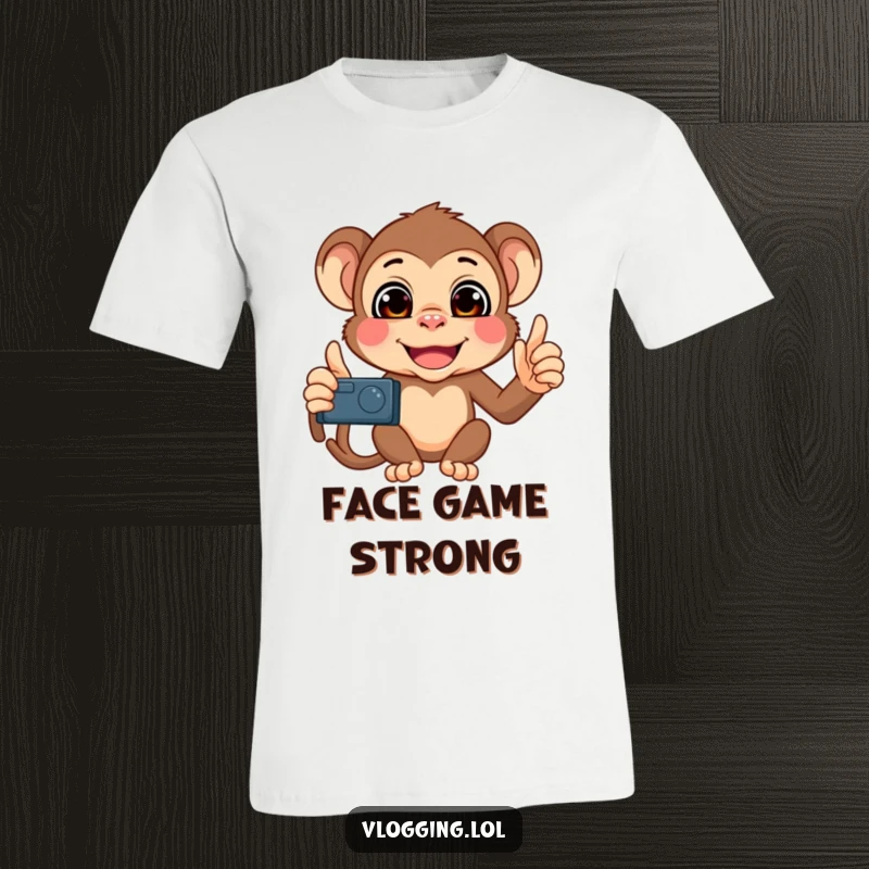 Funny Monkey Vlogger T-Shirt depicting a mischievous monkey filming itself with a series of comical and exaggerated funny faces.