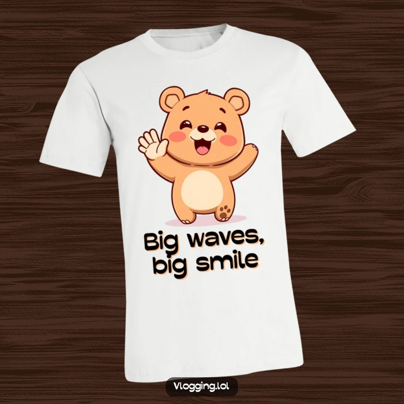 Funny t-shirt design of a happy bear waving enthusiastically at an unseen crowd, conveying warmth, friendliness, and humorous delight.