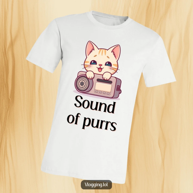 Funny cat t-shirt featuring a curious feline peeking around a recording device with wide, delighted eyes, perfect for creators.