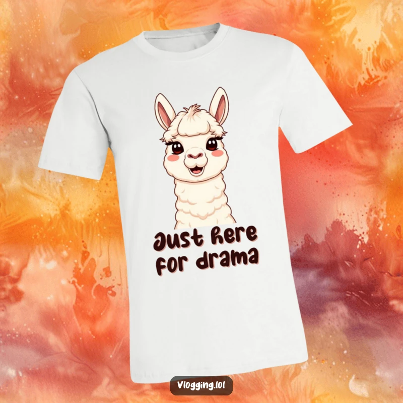 Funny Content Llama T-Shirt showing a cute llama with a funny, silly face posing for the camera, ideal for content creators.