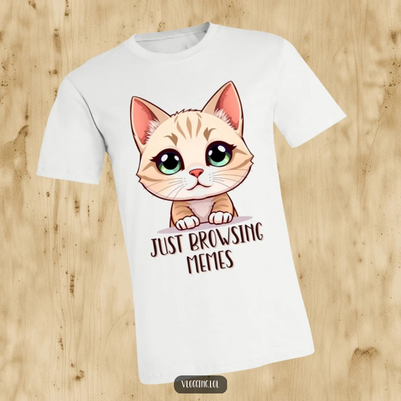 Funny Cat T-Shirt depicting a cat with wide, curious eyes fixated on a bright screen, a humorous take on modern distractions.