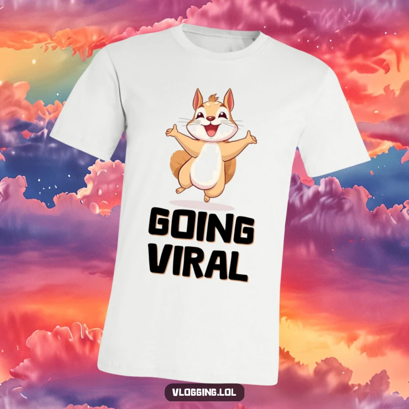Funny beaming squirrel t-shirt, jumping with excitement while recording, a humorous design for passionate content creators and social media influencers.