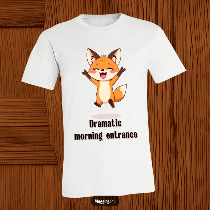 Funny t-shirt depicting a joyful fox mid-jump, creating a dynamic and dramatic entrance for a vlog.