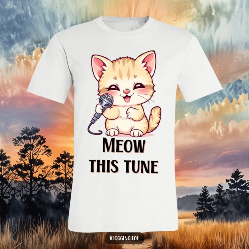 Funny Kitten T-Shirt with a giggling kitten holding a shiny microphone, ready to sing its heart out. A cute and humorous graphic tee.