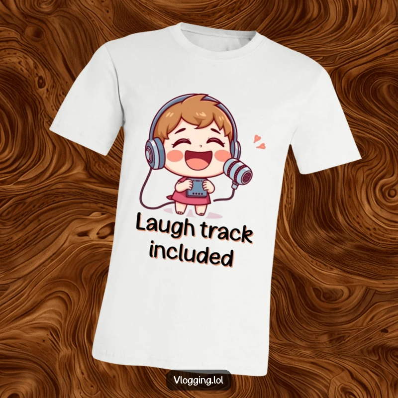 Funny t-shirt featuring a cheerful character in the midst of hearty laughter, speaking animatedly into a recording device.