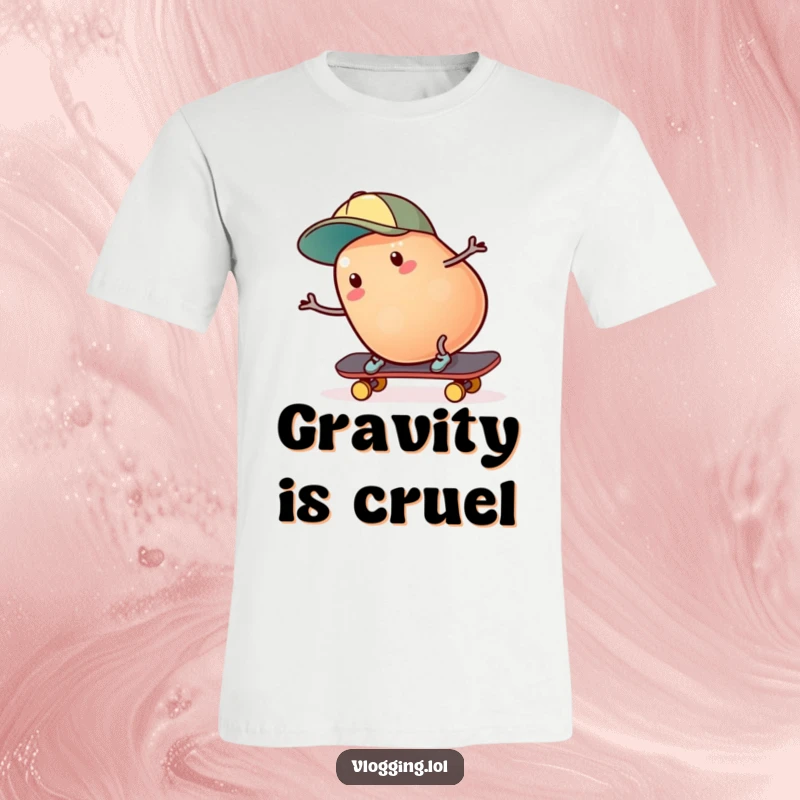 Funny jelly bean skater t-shirt: A jelly bean wearing a cap is shown mid-fall from a skateboard, looking surprised. Great funny gift.