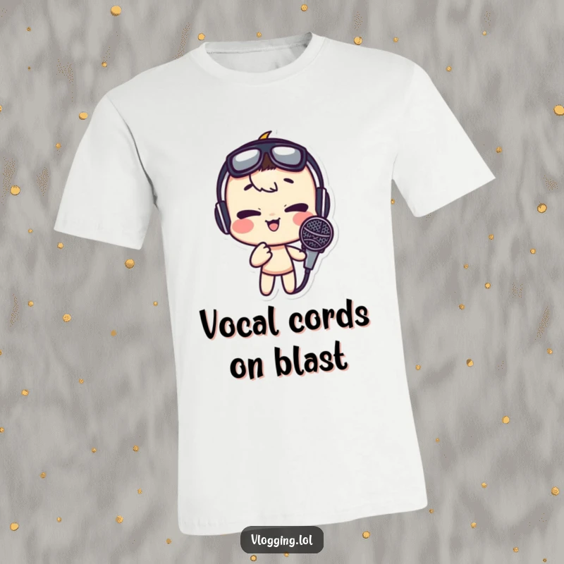 Funny t-shirt depicting a quirky character making an exaggerated silly face right into a microphone, ideal for casual wear and laughs.