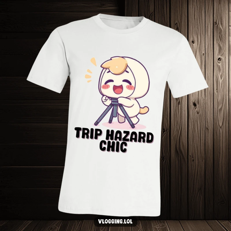 Funny t-shirt with a giggling character stumbling over a camera tripod, looking surprised and amused.