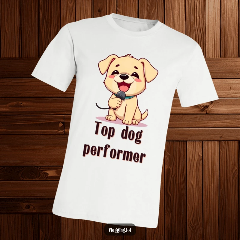 Funny Puppy Rockstar T-Shirt depicting a delighted puppy holding a microphone and singing loudly with enthusiasm and happiness.