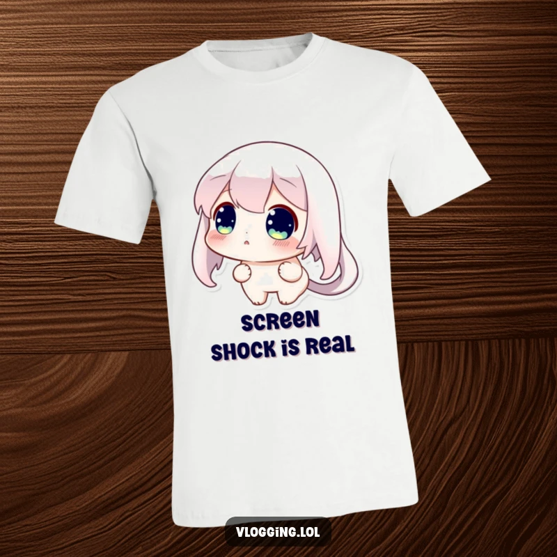 Funny t-shirt featuring a curious character with wide eyes, looking utterly surprised at what's displayed on their screen.
